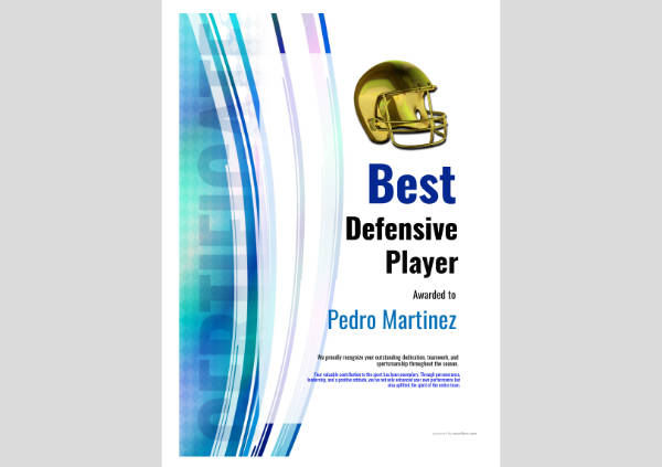 Best Defensive Player certificate template with modern blue background and silver trophy