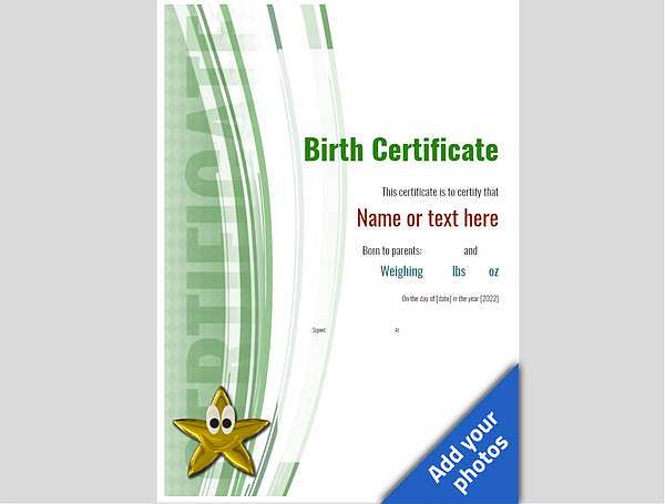 Green template, birth certificate with gold star