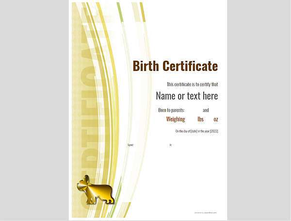 Yellow fake birth certificate with gold dog badge