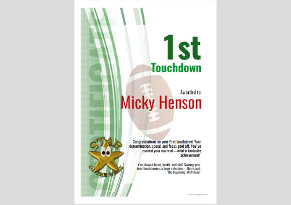 Sporting award certificate titled “First Touchdown” on a green modern background with star badge and watermark, portrait format.