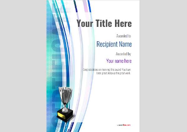 Modern graphic style certificate with blue sweeping lines running top to bottom with silver trophy
