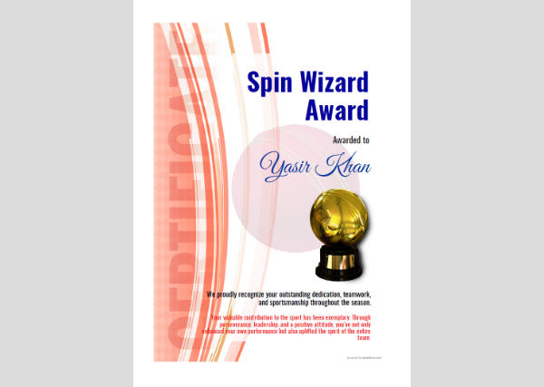 Free, Spin Wizard award with red geometric background and gold accent, portrait style
