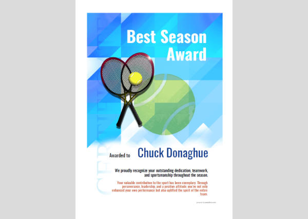 Free, Best Season Award sports certificate with blue geometric theme and sport graphics