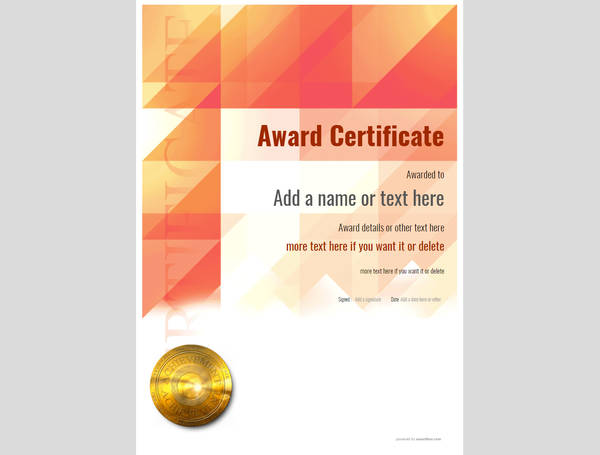 Red editable template for award certificate with gold medal