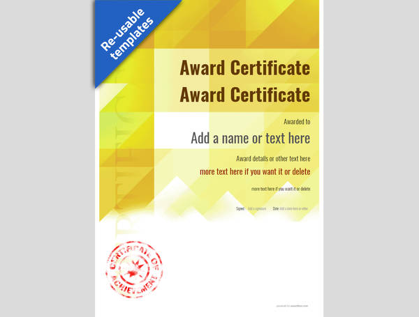 Yellow template award certificate with red stamp
