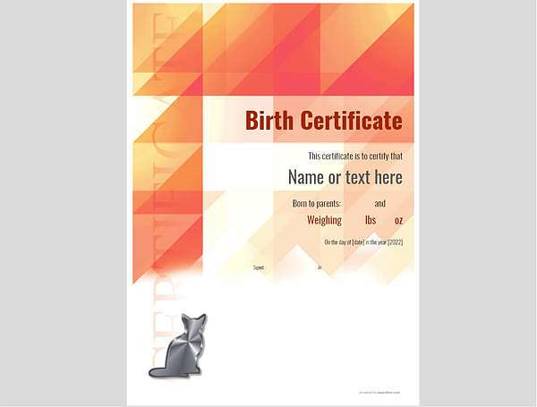 Red editable template for birth certificate with silver cat decoration