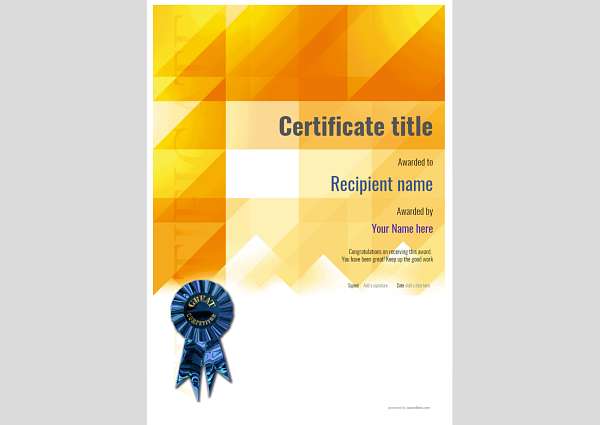 Modern orange geometric diamond pattern on upright certificate template with blue rosette
