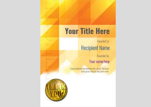 Modern portrait certificate template with half background in orange geometric pattern and gold medal 