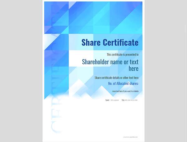 Blue share certificate template