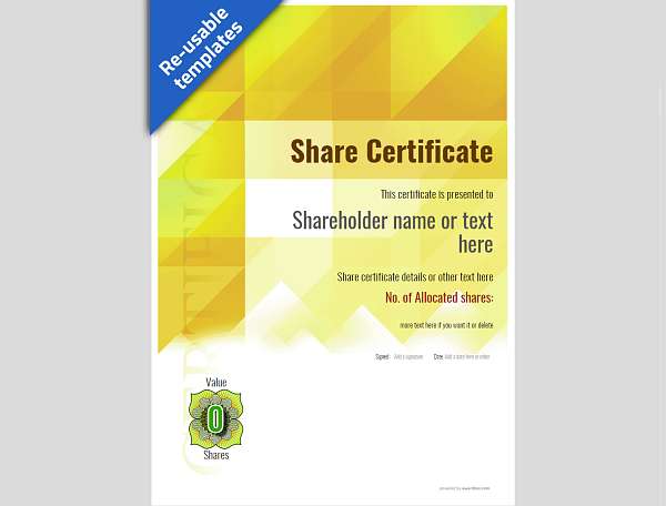 Yellow template share certificate with editable numeric graphic