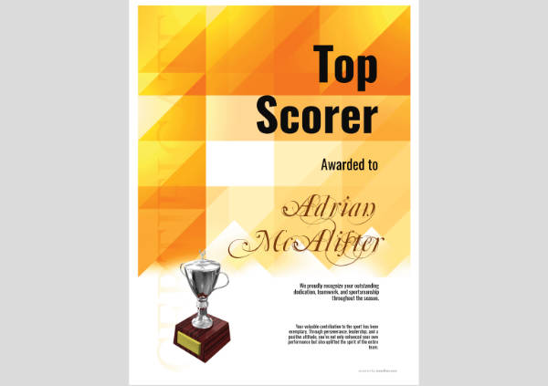 Top scorer sports certificate template with yellow geometric background and silver trophy badge