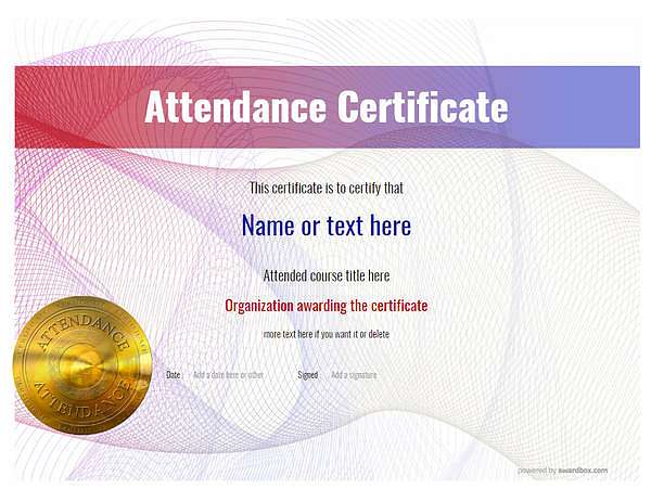 Work attendance certificate with gold medal template