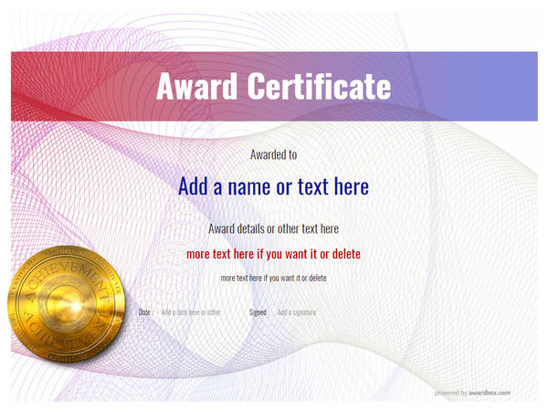 Work award certificate with gold medal template