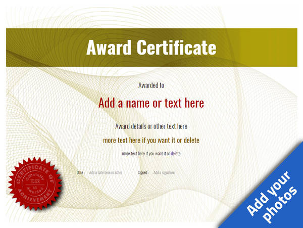 Yellow award certificate with red seal template