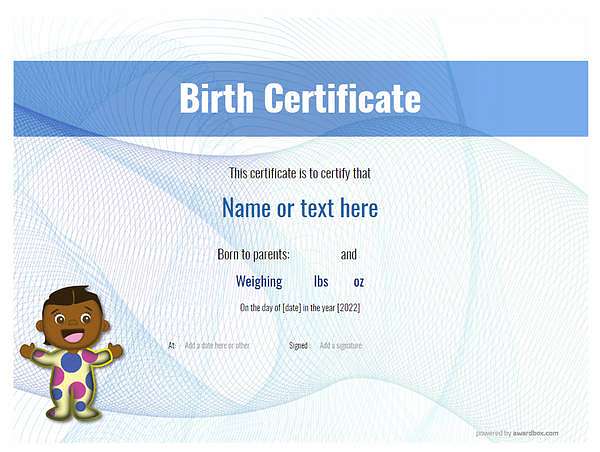 blue fake birth certificate with cartoon baby template