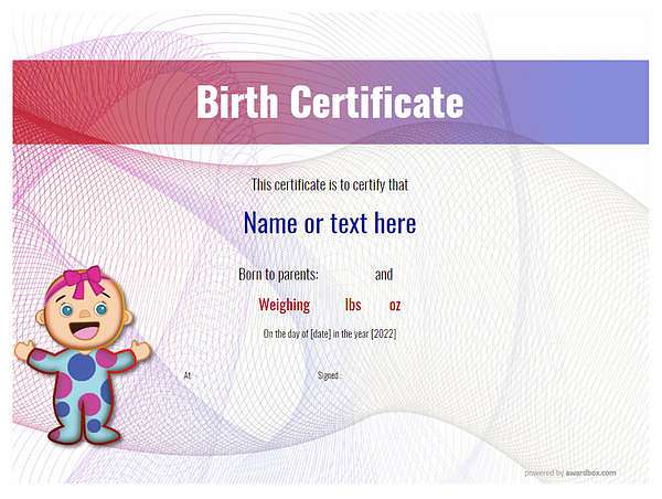  birth certificate with baby girl graphic template