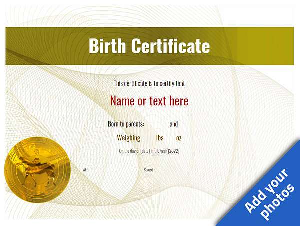 Yellow birth certificate with horse graphic template