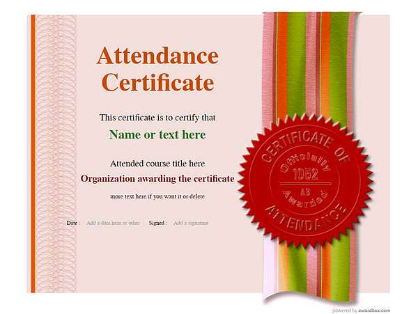 Modern attendance certificate with red seal template