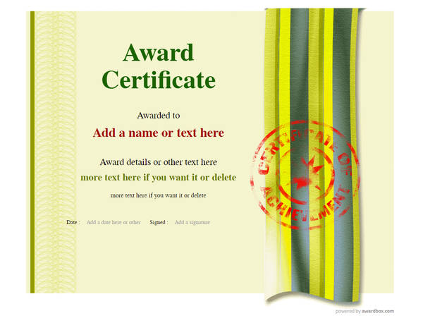 Yellow work template. award certificate with red stamp
