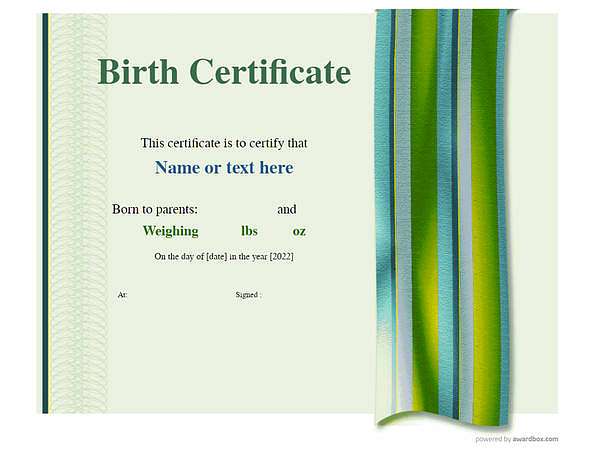 editable green birth certificate
