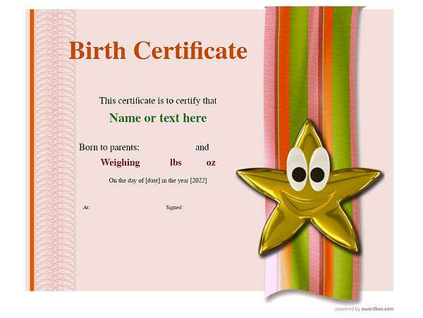 Modern birth certificate with gold star template