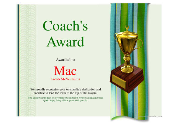 Free, Coach's Award certificate template with simple green background, large ribbon, and gold trophy badge