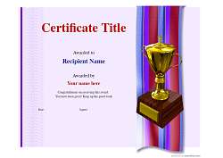 bold purple and ribbon certificate design with large gold trophy on a strong ribbon graphic