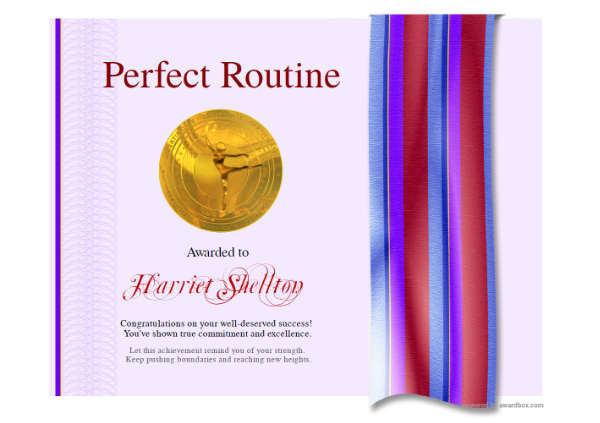 Perfect Routine certificate with ribbon graphic and gold medallion badge