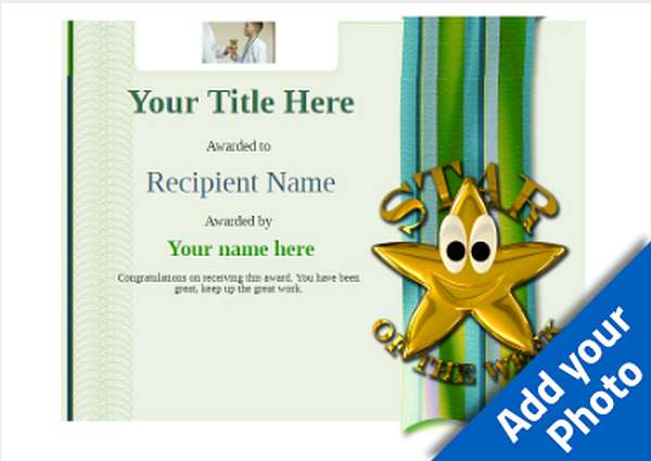 modern green certificate template with large green ribbon and gold star or the week 