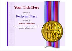 faint purple flooded background certificate design with large colored ribbon and gold medal