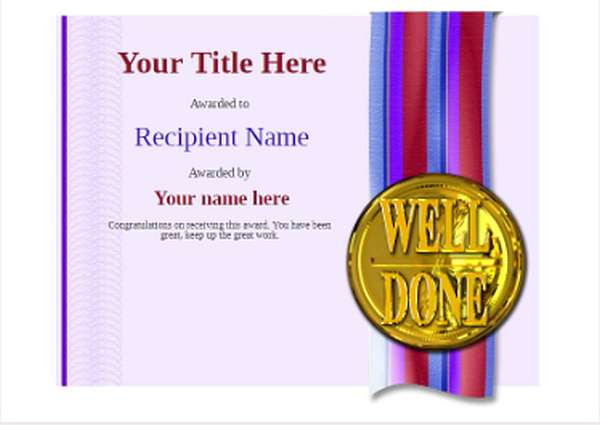 faint purple flooded background certificate design with large colored ribbon and gold medal