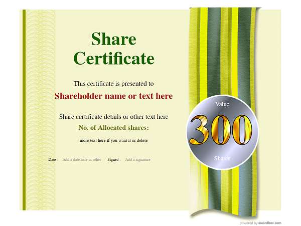 Yellow template. share certificate with steel and gold stamp