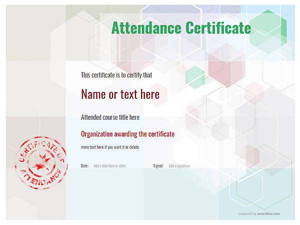 attendance certificate with red stamp. Template