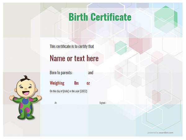 fake birth certificate with oriental baby graphic. Template