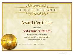 award vintage landscape certificate yellow background and gold medal