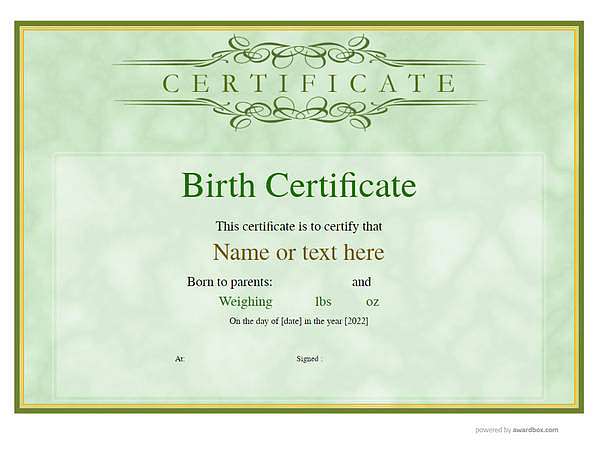 Green birth vintage landscape certificate