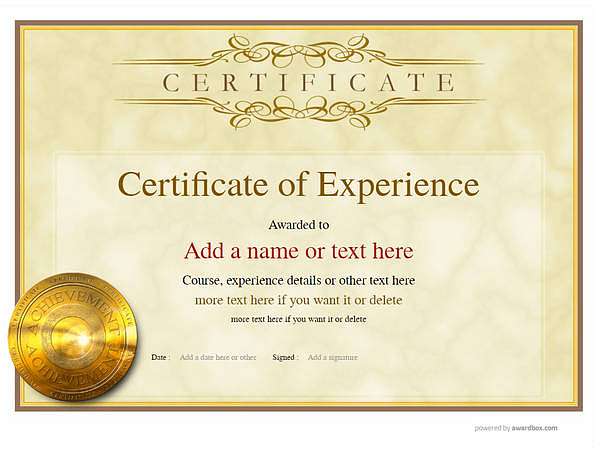 Experience vintage landscape certificate yellow background and gold medal
