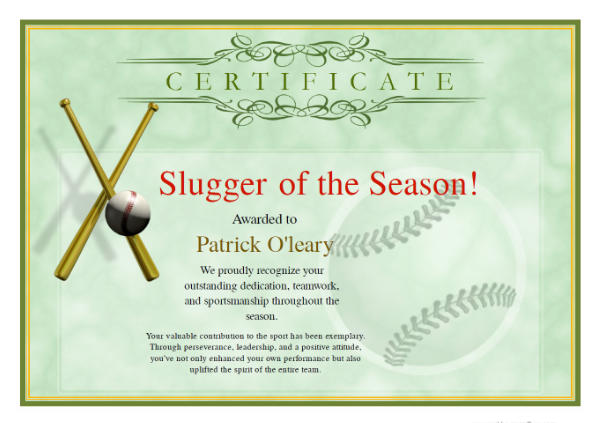 Free, Slugger of the Season sports certificate with marbled vintage green background and badge