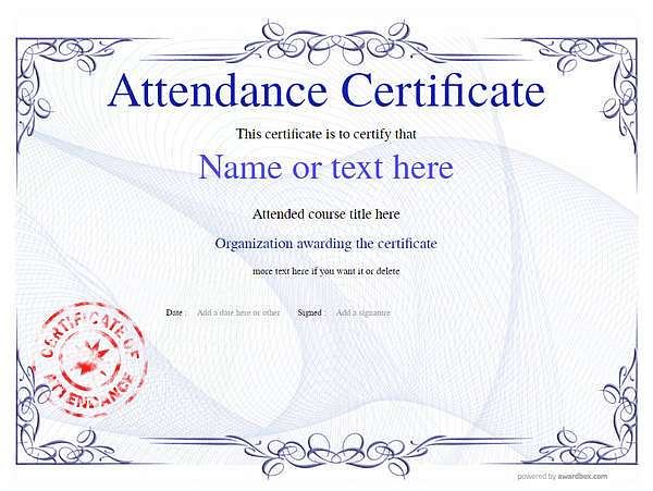 Blue attendance certificate vintage landscape template with stamp decoration