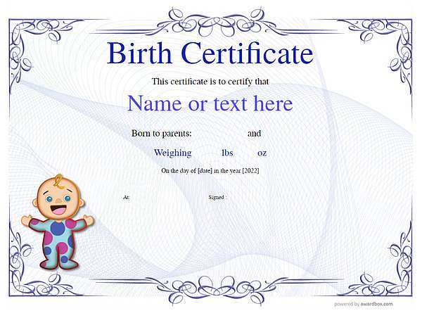 Blue birth certificate vintage landscape template with baby decoration