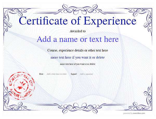Blue experience certificate vintage landscape template with stamp decoration