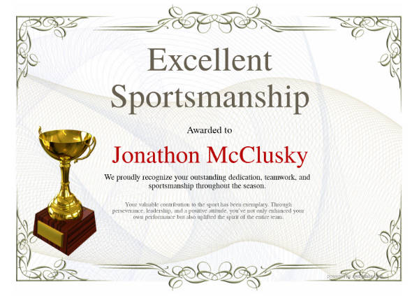 Excellent Sportsmanship sports certificate with vintage green design and gold trophy