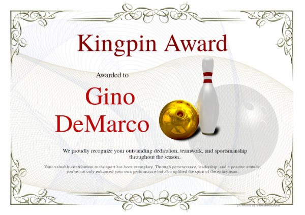 Kingpin award certificate with ornate filigree border and sporty watermark