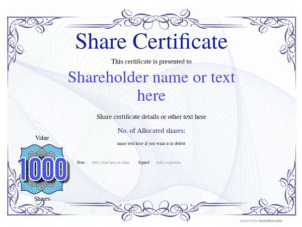 Blue share certificate, vintage landscape template