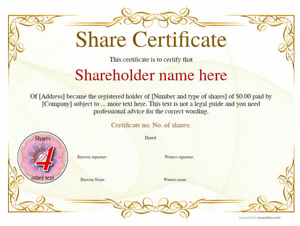 Yellow vintage template. share certificate with numeral motif 