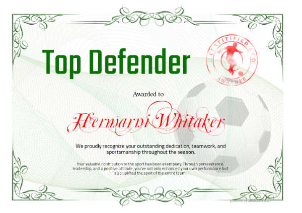Sports certificate labeled “Top Defender” with elegant vintage border and watermark graphics in landscape orientation.
