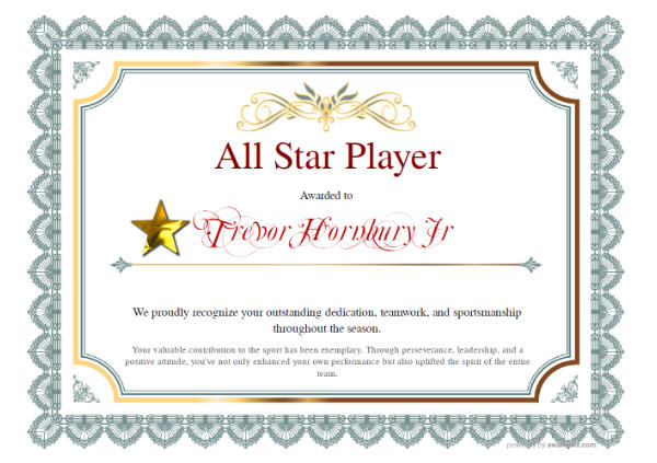 All Star Player certificate with vintage grey and gold design featuring star badge