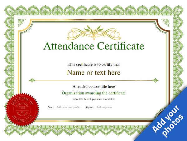 Green work attendance certificate template with red seal