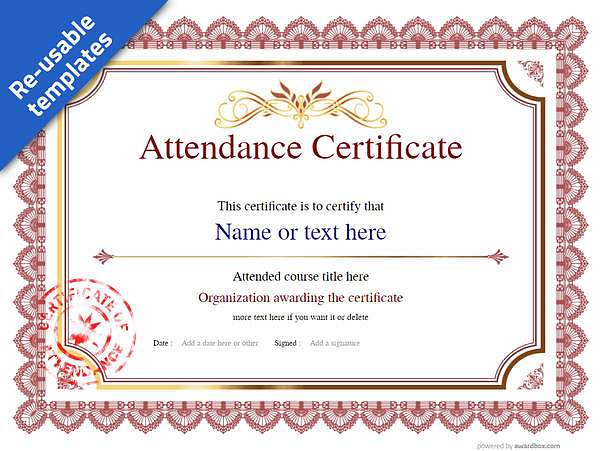 Red work attendance certificate template with red stamp