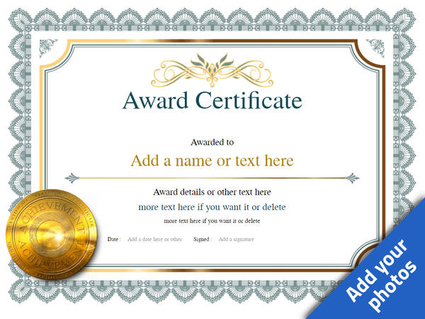 Vintage work award certificate with gold medal template